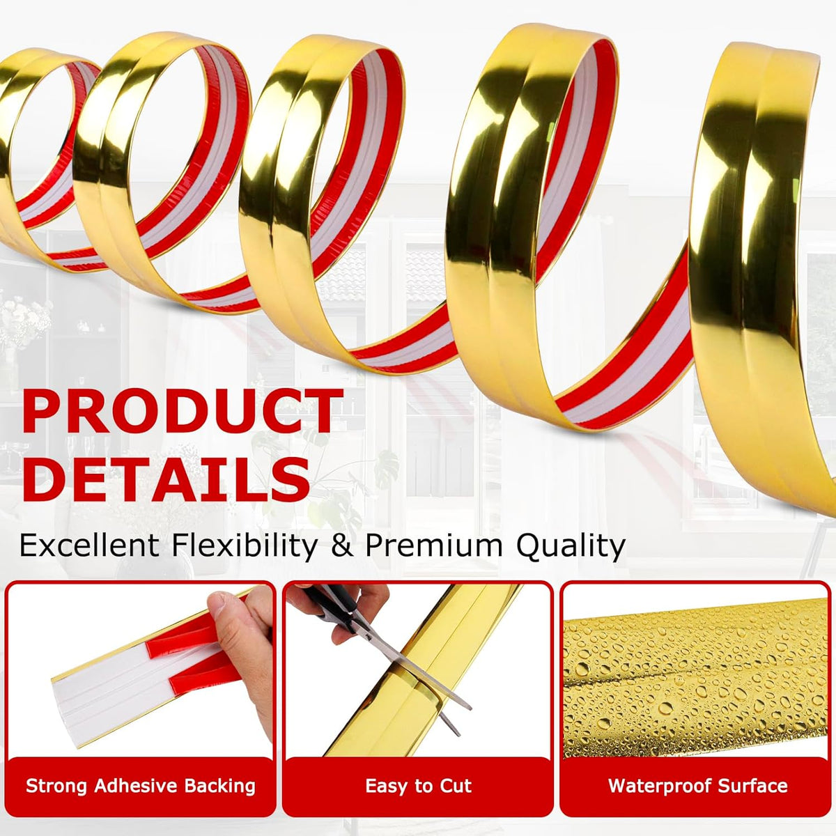 Flexible Wall Corner Protector Moulding Trim Peel and Stick Wall Corner Guards Edge Protector Self Adhesive Molding Trim Strip for Edge Ceiling (Gold, 1.6 in x 10 Ft)