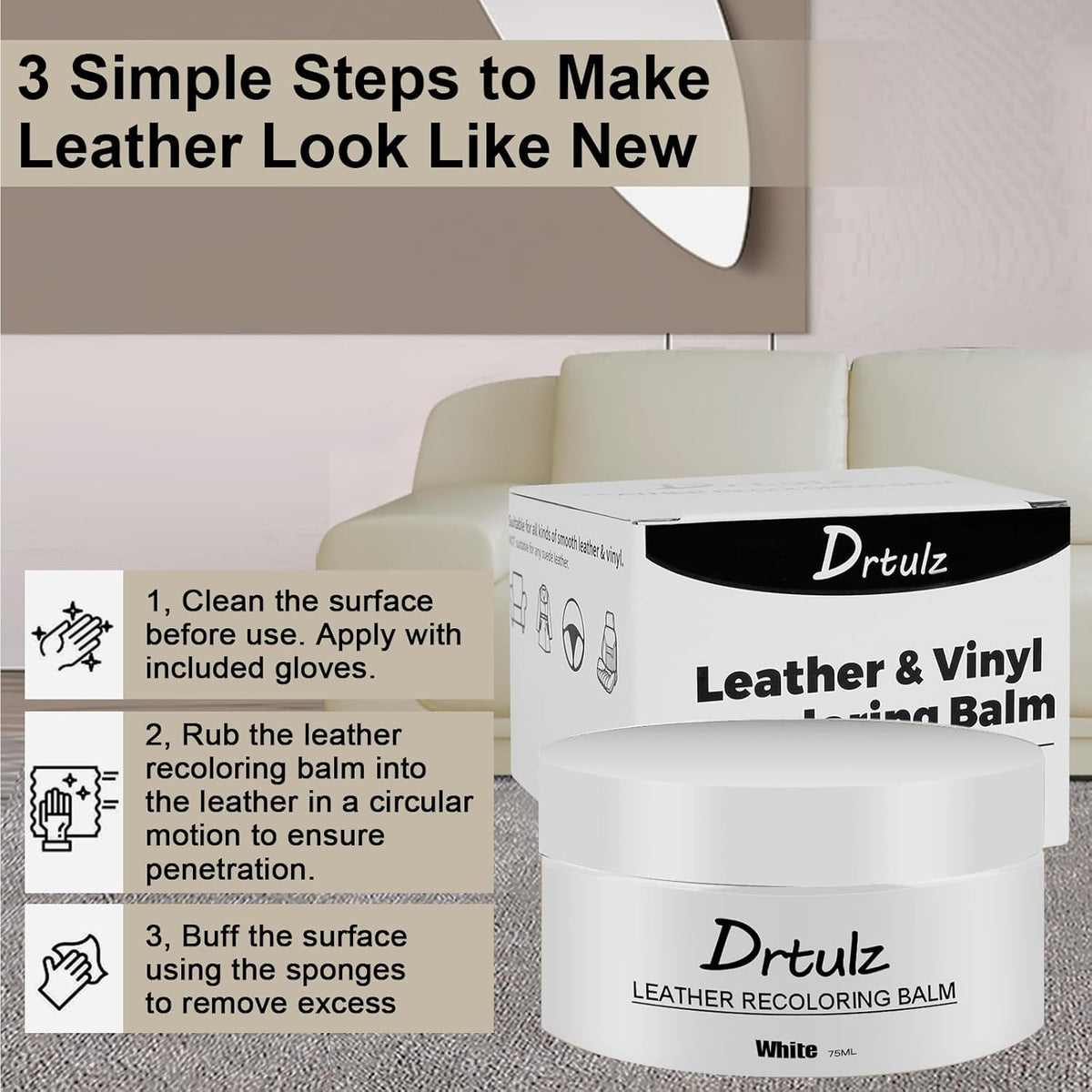 Leather Recoloring Balm, Leather Color Restorer Conditioner, Leather Restorer for Couches Paint, Leather Scratch Remover, Scratch Leather Faded Repair Kits for Vinyl Furniture (White, 75ML)