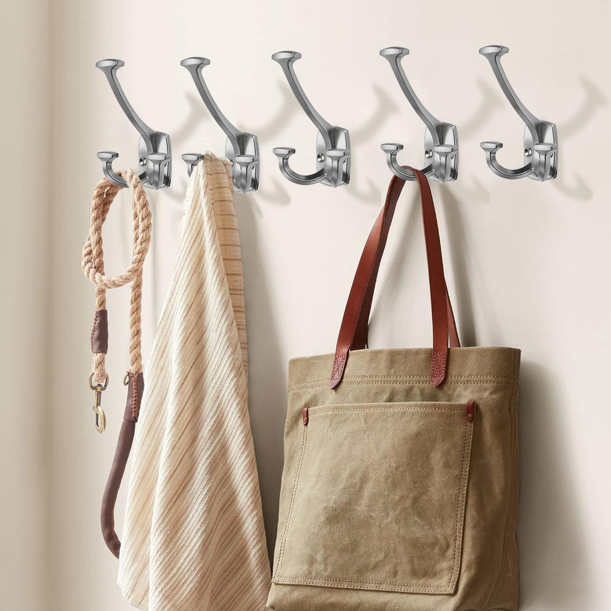Large Wall Double-Sided Hook 2 Pack Brushed Satin Nickel Hook Decorative Heavy Duty Solid Large Coat Hooks for Towel Hanging Coats Robe Towel Bags Door Back 2 Prong Hooks