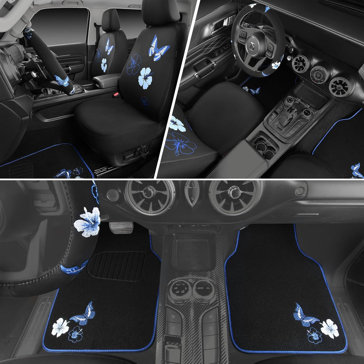 CAR PASS Blue Butterfly Car Seat Covers Full Set, Embroidered Flower Waterproof Car Floor Mats Carpet, Butterflies Steering Wheel Cover for Universal Car Accessories Interior Sets (Black and Blue)