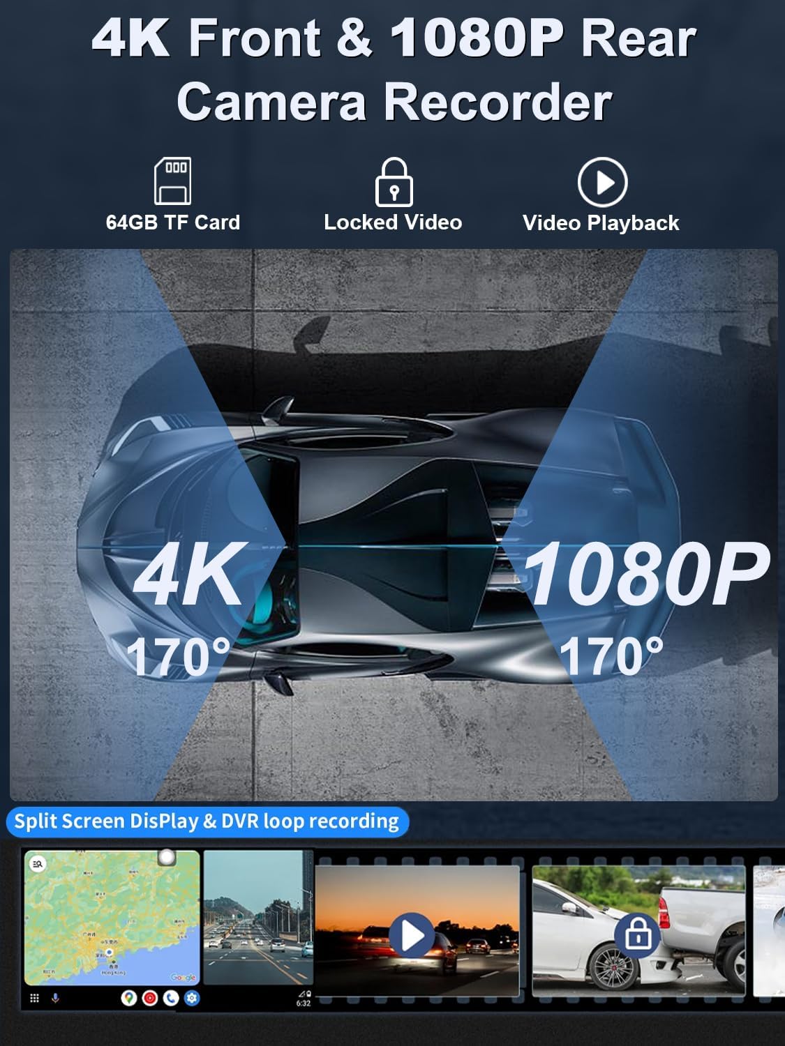 Portable Carplay Screen 10.26'' HD IPS Apple Carplay & Android Auto Screen for Car, Wireless Car Play Stereo with 4K Dash Cam/1080P Rear Camera, Car Audio Receivers,GPS Navigation,Mirror Link,FM,Siri