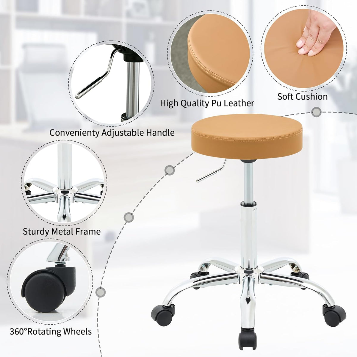 Office Desk Chair, Adjustable Swivel Rolling Stool 19.5’’-26.6’’,Camel Brown Desk Stool with Wheels (Camel Brown)