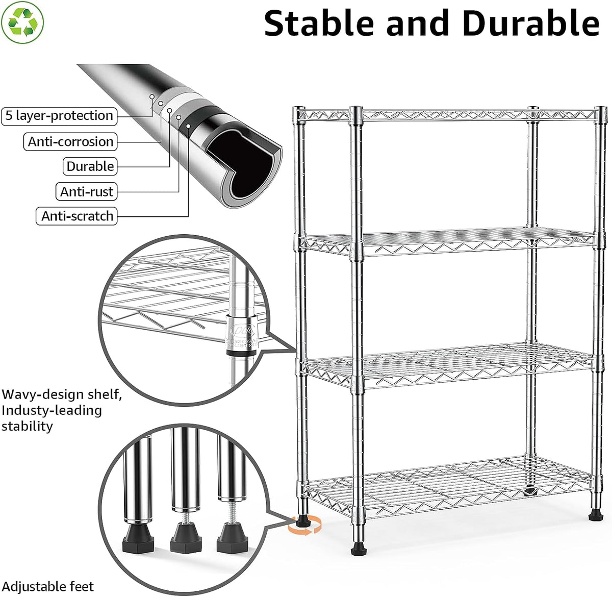 1000 lbs Storage Shelving Steel Heavy Duty 4-Tier Utility Shelving Unit Steel Organizer Wire Rack for Home,Kitchen,Office,Chrome (13.7" D x 29.5" W x 47.2" H)