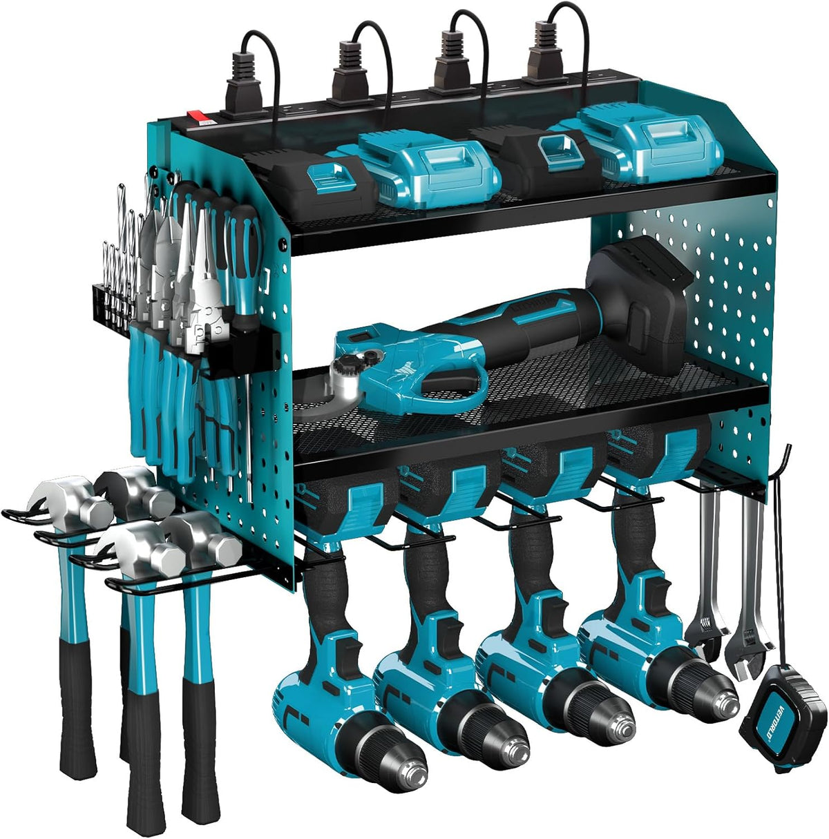 Veitorld Power Tool Organizer with Charging Station, Heavy Duty Modular Wall Mount Rack for Garage - 4 Drill Holders, Tool Storage Organizer, Christmas Birthday Gifts for Men Him Dad Husband