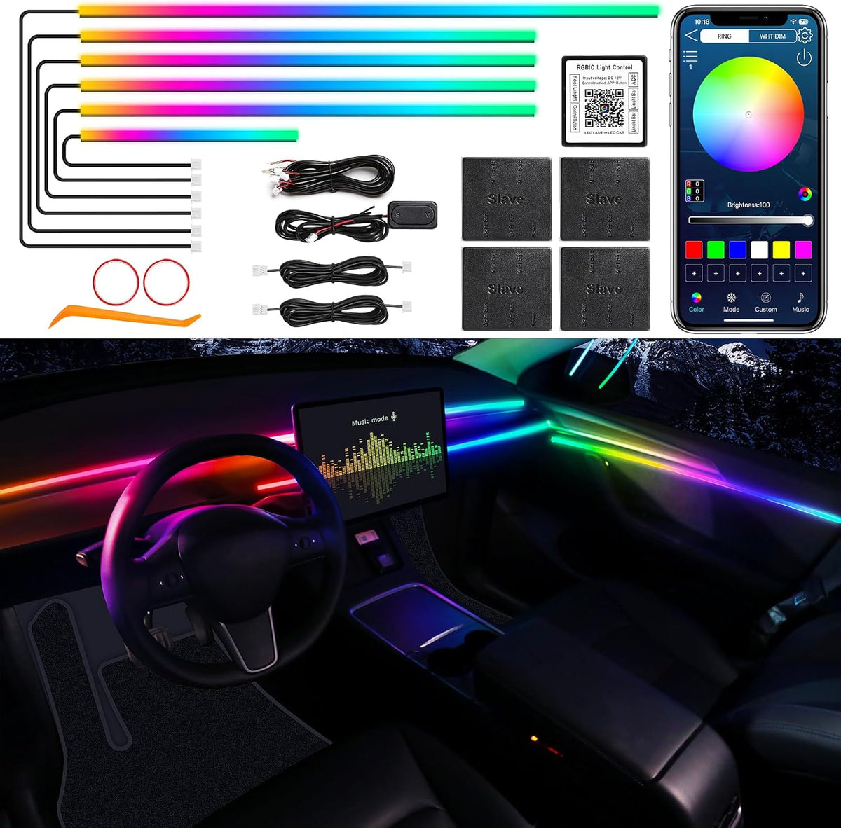 Dreamcolor Acrylic Interior Car LED Strip Light with Wireless APP, RGB 6 in 1 with 175 inches 612 LEDs Fiber Optic Car Ambient Lighting Kits, Dynamic Chasing Music Sync Neon LED Strip Lights for Car