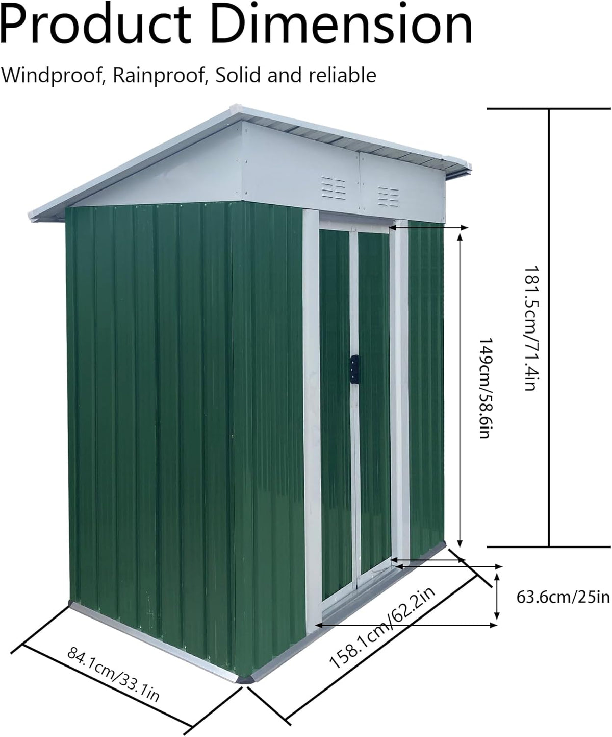 5x3 FT Outdoor Storage Shed with Sloping Roof, Waterproof Metal Garden Sheds w/Lockable Sliding Doors and Vents, Weather Resistant Tool Storage House for Backyard, Patio, Lawn, Green