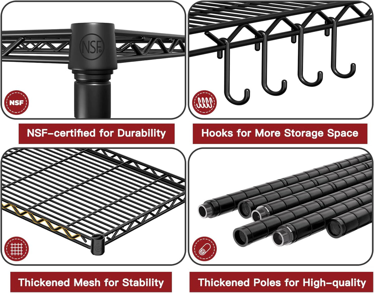 PrimeZone Wire Metal Storage Shelves - 5 Tier Adjustable NSF Certified Heavy Duty Garage Shelving Unit Organizer Rack, Steel Utility Shelf for Kitchen, Pantry, 35.5" W x 14" D x 72" H, Black, 4 Packs