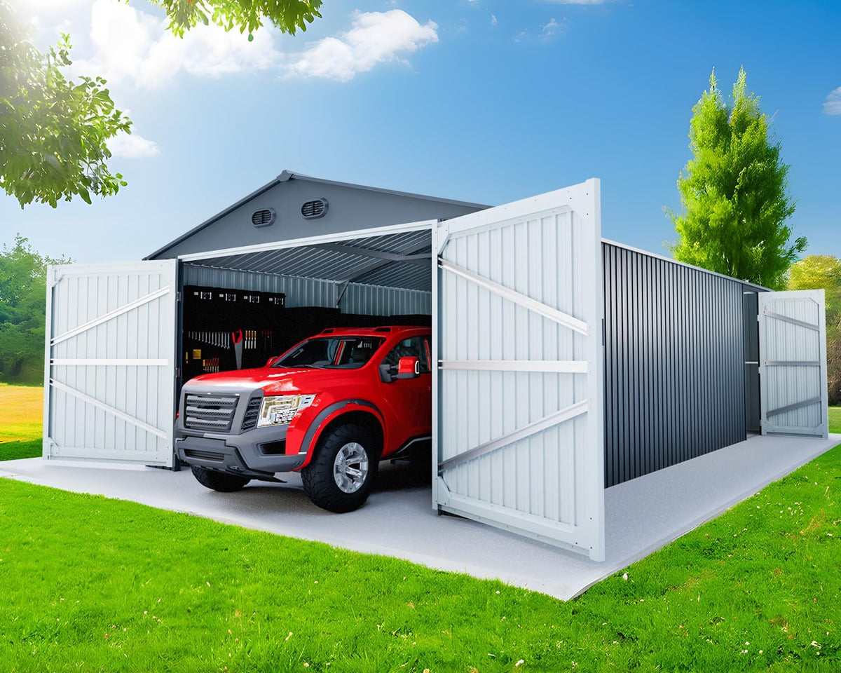 20 x 13 FT Outdoor Storage Shed, Large Metal Garden Shed with 2 Lockable Doors, Tool Shed Outdoor Storage with 4 Air Vents, Garage Shed Waterproof for Car, Truck, Bike, Garbage Can, Tool, Dark Gray