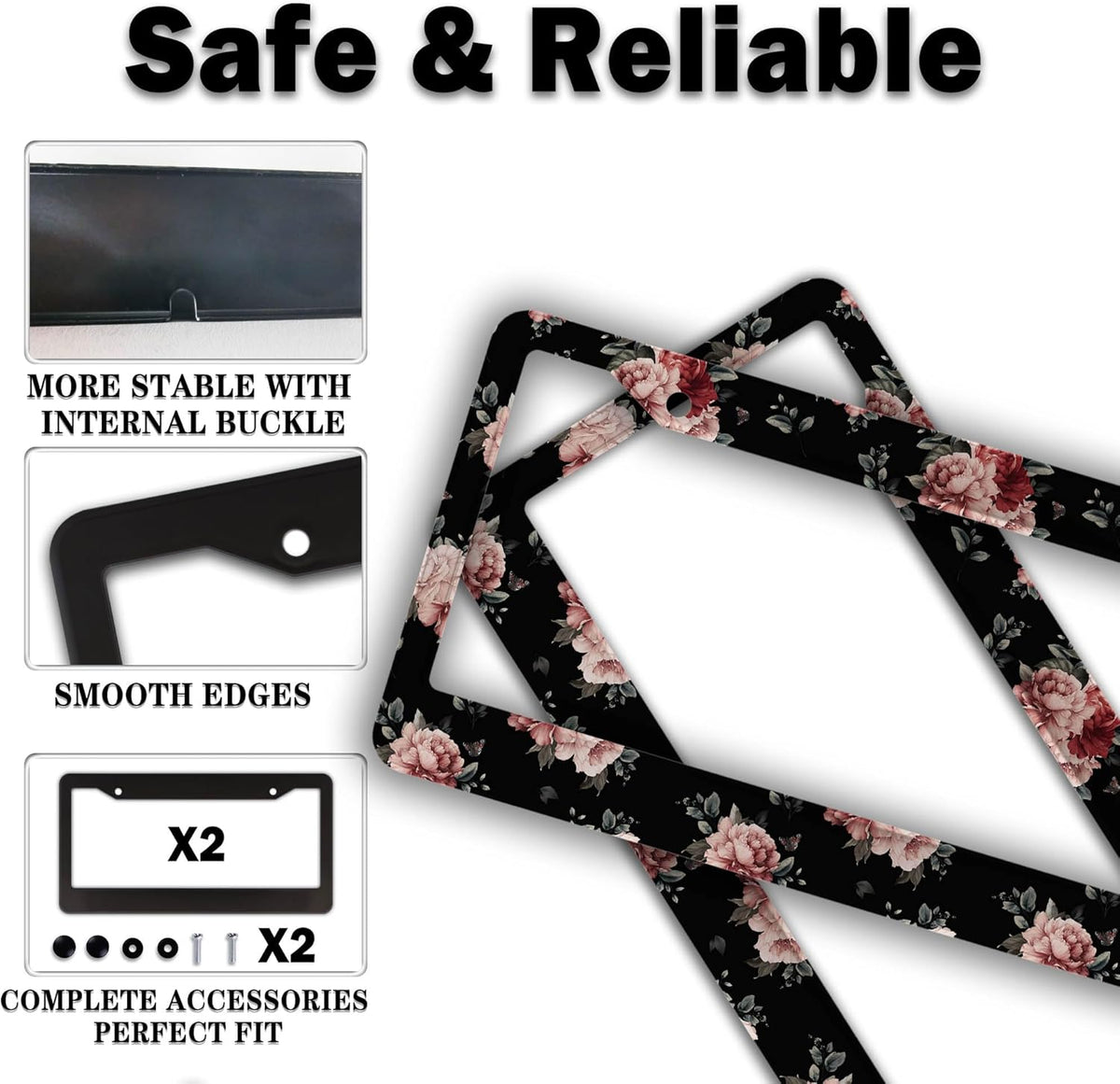 Fun License Plate Frame Protector License Plate Frames for Women Pink and Cream Dark Floral Universal Aluminum Car Accessory 2 Pack with Screw Covers Set