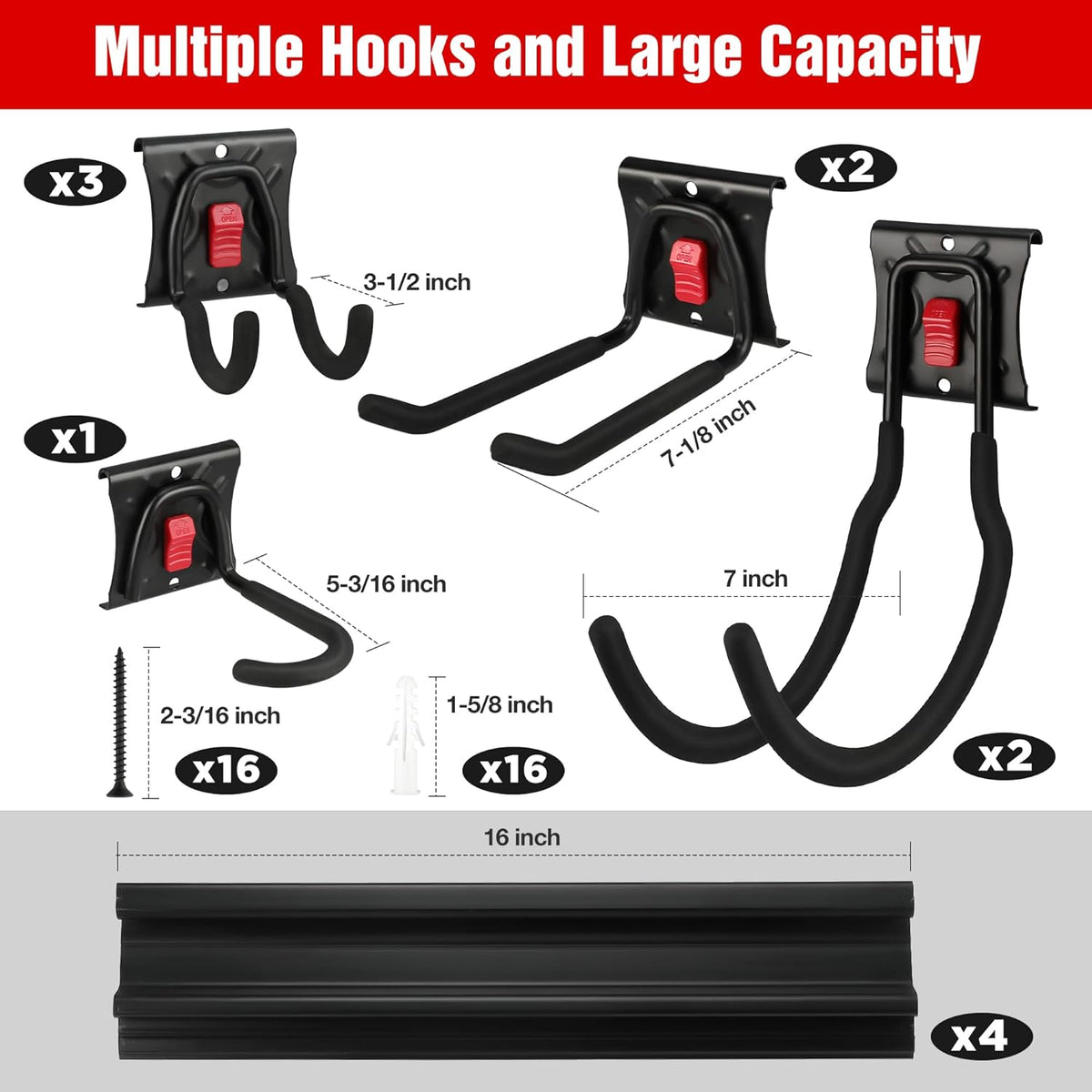 WORKPRO Garage Tool Organizer Wall Mount, Garage Organization Garden Tool Rack Holder System, 64-Inch 4 Rails with 8 Heavy Duty Adjustable Hooks for Hanging and Storage