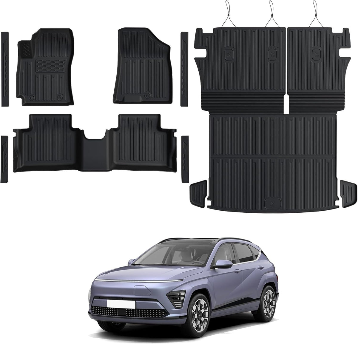 Floor Mats Set for 2024 2025 Hyundai Kona Gas, Full Coverage All Weather Floor Mats Cargo Mat with Backrest Protectors & Door Sill Guards for Hyundai Kona Accessories (Not fit EV/Electric)