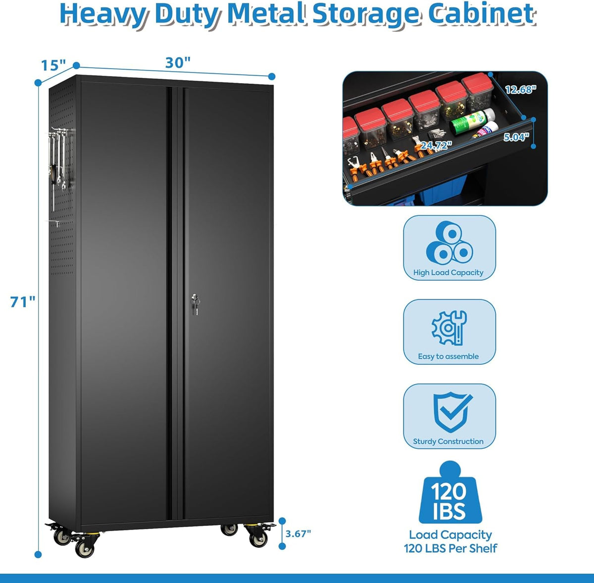 71" Metal Garage Storage Cabinet with 16 Hooks and Pegboards,1 Drawer Inside Rolling Tool Storage Cabinet with Adjustable Shelves,3 Metal Hanging Rod for Garage,Warehouse
