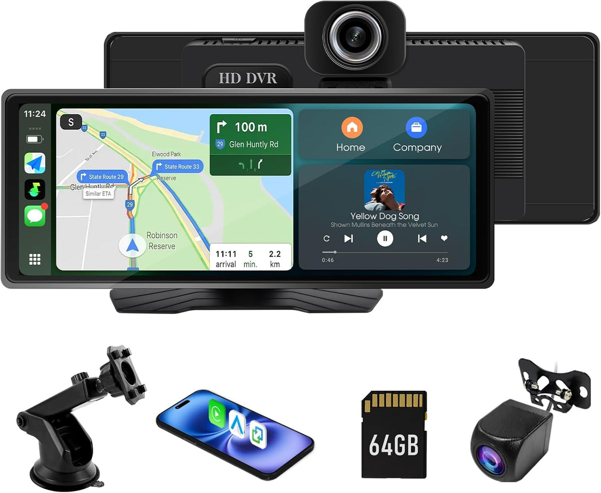 9.26" Wireless CarPlay & Android Auto Screen for Car, 10 Inch Portable Car Stereo with 1080P Dash Cam Front and Rear, Backup Camera, Bluetooth, GPS Navigation, FM Transmitter, Plug and Play