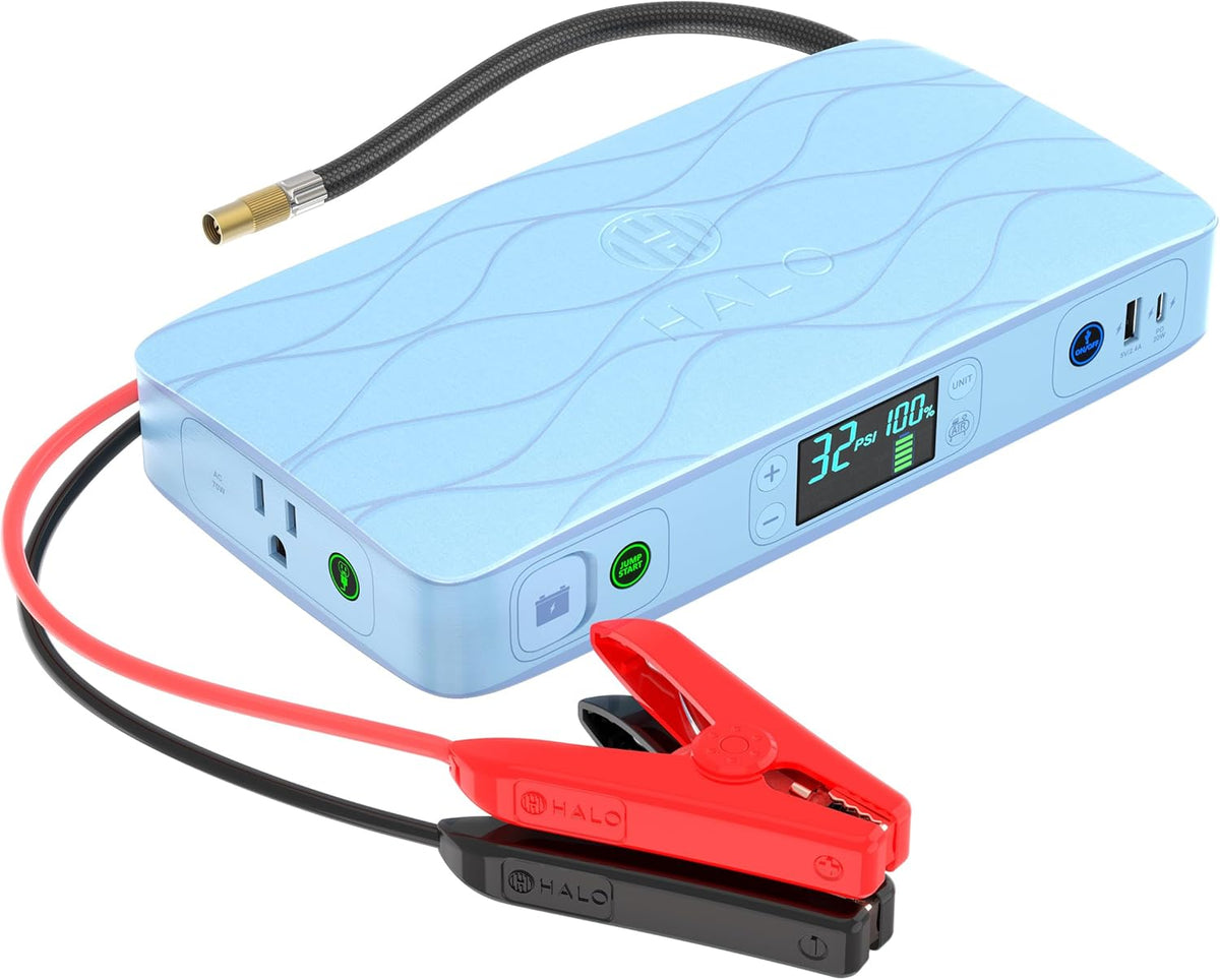 HALO Bolt Ultimate 2 Portable Car Battery Jump Starter | 130 PSI Air Compressor, 55.5Wh USB Power Bank with AC Outlet, Emergency Floodlight & Charger, Jumps Cars SUVs & Trucks, Inflates Tires — Blue