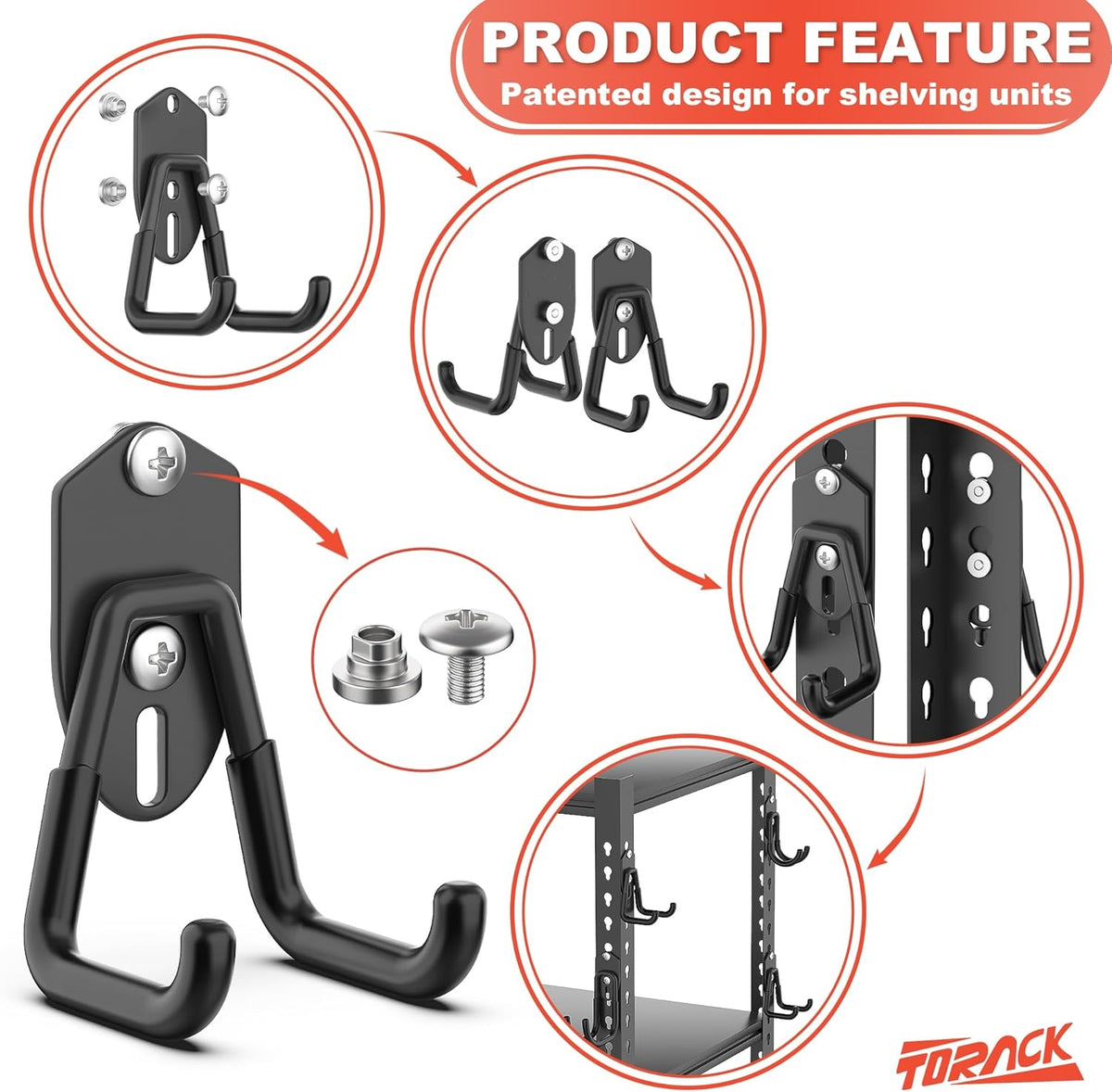 TORACK 15PCS Garage Storage System Hooks, Shelving Hooks for Keyhole Shelving Units Wall Mount Utility Hooks for Tools, Ladders, Cords, Folding Chairs, Shovels and Rakes(Black)