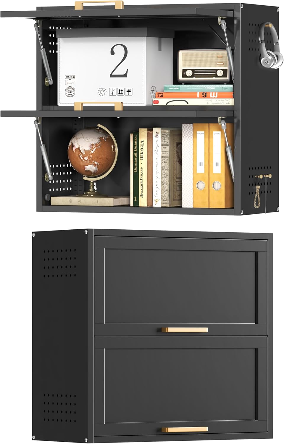 Metal Wall Cabinets with 2 Up-Flip Doors, Floating Steel Wall Mounted for Garage, Basement, Home Office, Kitchen, Warehouse - Black