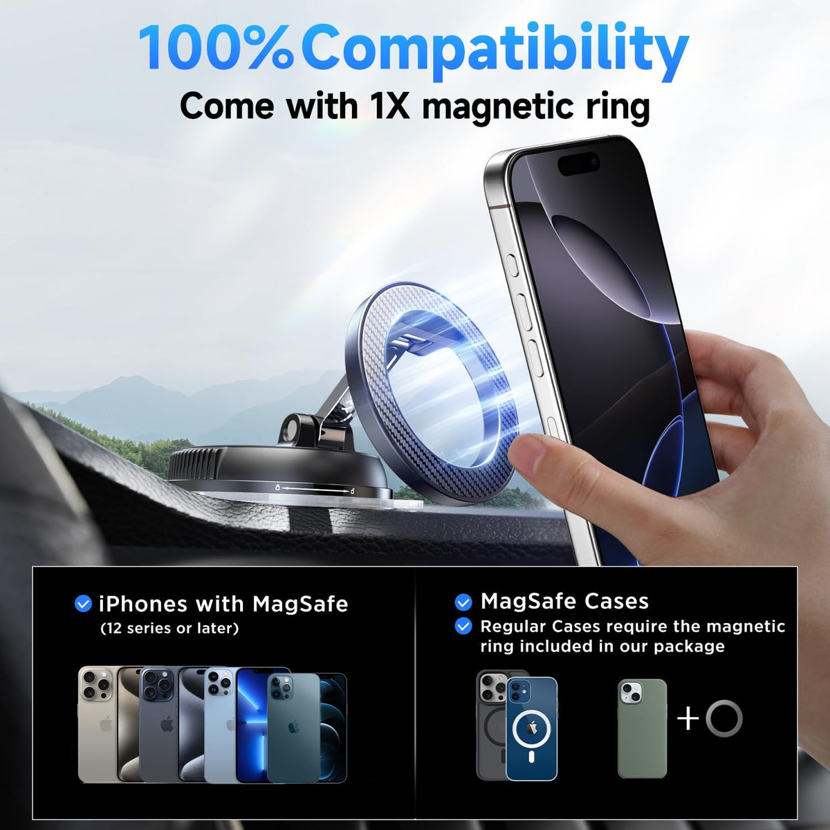 Car Phone Holder for Magsafe [78+LBS Strongest Suction & 2400gf Strongest Magnetic] 360° Adjustable Car Phone Mount, Phone Holders for Your Car for iPhone 16 Pro Max 15 14 13 12 Plus (Carbon Fiber)
