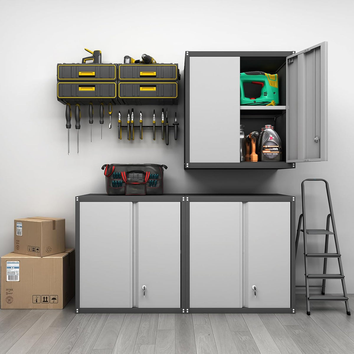 GREATMEET Metal Wall Cabinet, Wall Mounted Garage Cabinet, Locking Metal Storage Cabinet with Doors for Home Office, Garage, Utility Room