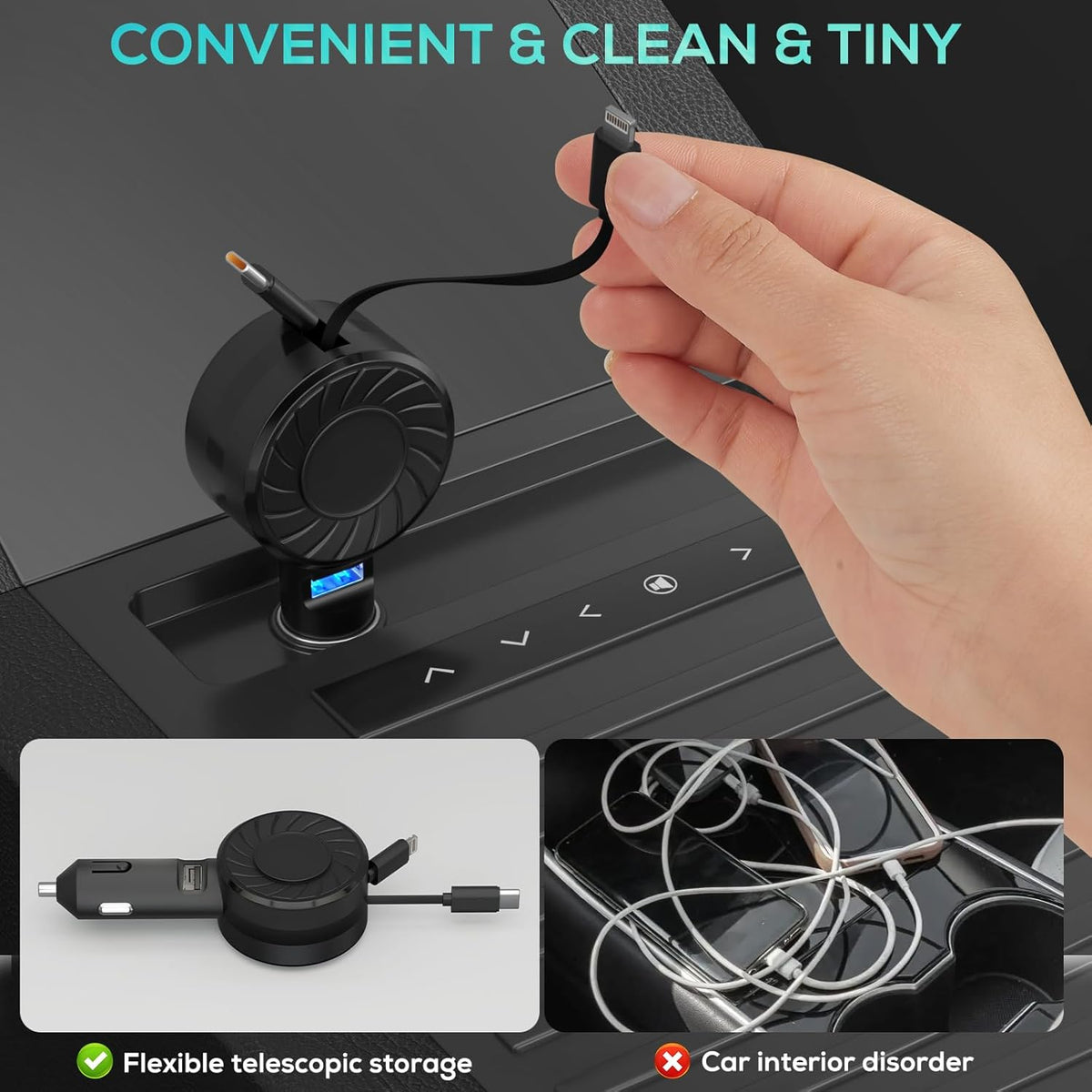 Retractable Car Charger, 3 in 1 Fast Charging Car Phone Charger 50W, Mini Adapter with 2 Cables+1 Port Cigarette Lighter USB C Charging for Apple iPhone 15 Pro/Samsung/Android/Pixle