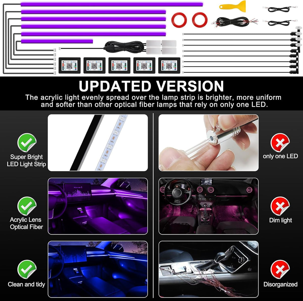 Acrylic Interior Car LED Strip Light with Wireless APP, Car Accessories 18 in 1 with 175 inches 593 LEDs Fiber Optic Ambient Lighting Kits, RGB Dynamic Music Sync Neon LED Strip Light for Car