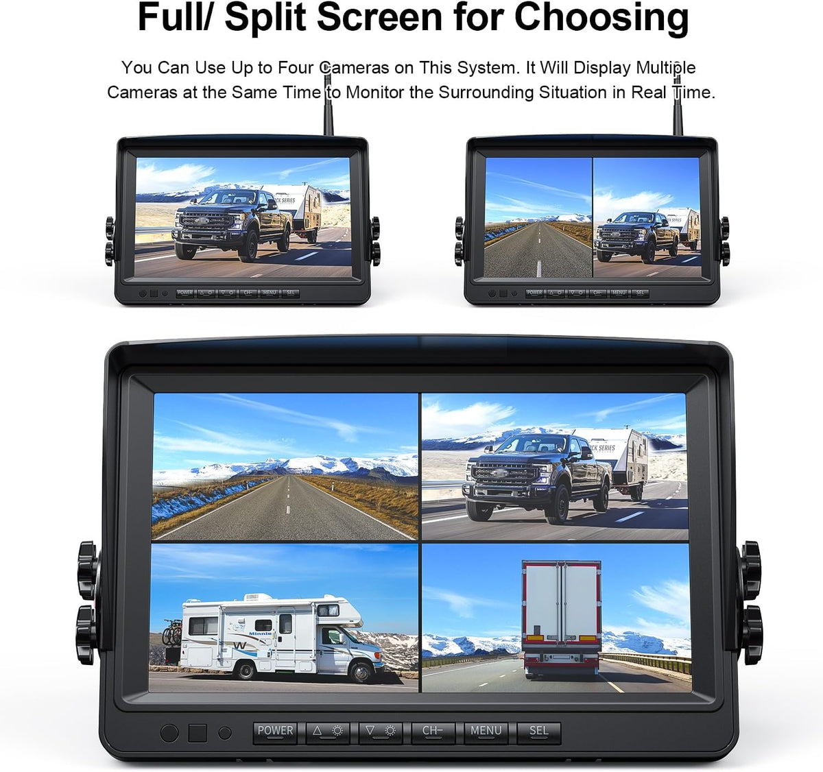 Fookoo HD 1080P 9" Wireless Backup Camera System, 9-inch Dual/Quad Split Monitor w/Recording, Supports 4 Cameras, IP69 Waterproof Rear View Cam Parking Lines 32GB SD Card for RV/Trailer/Truck(DW901)