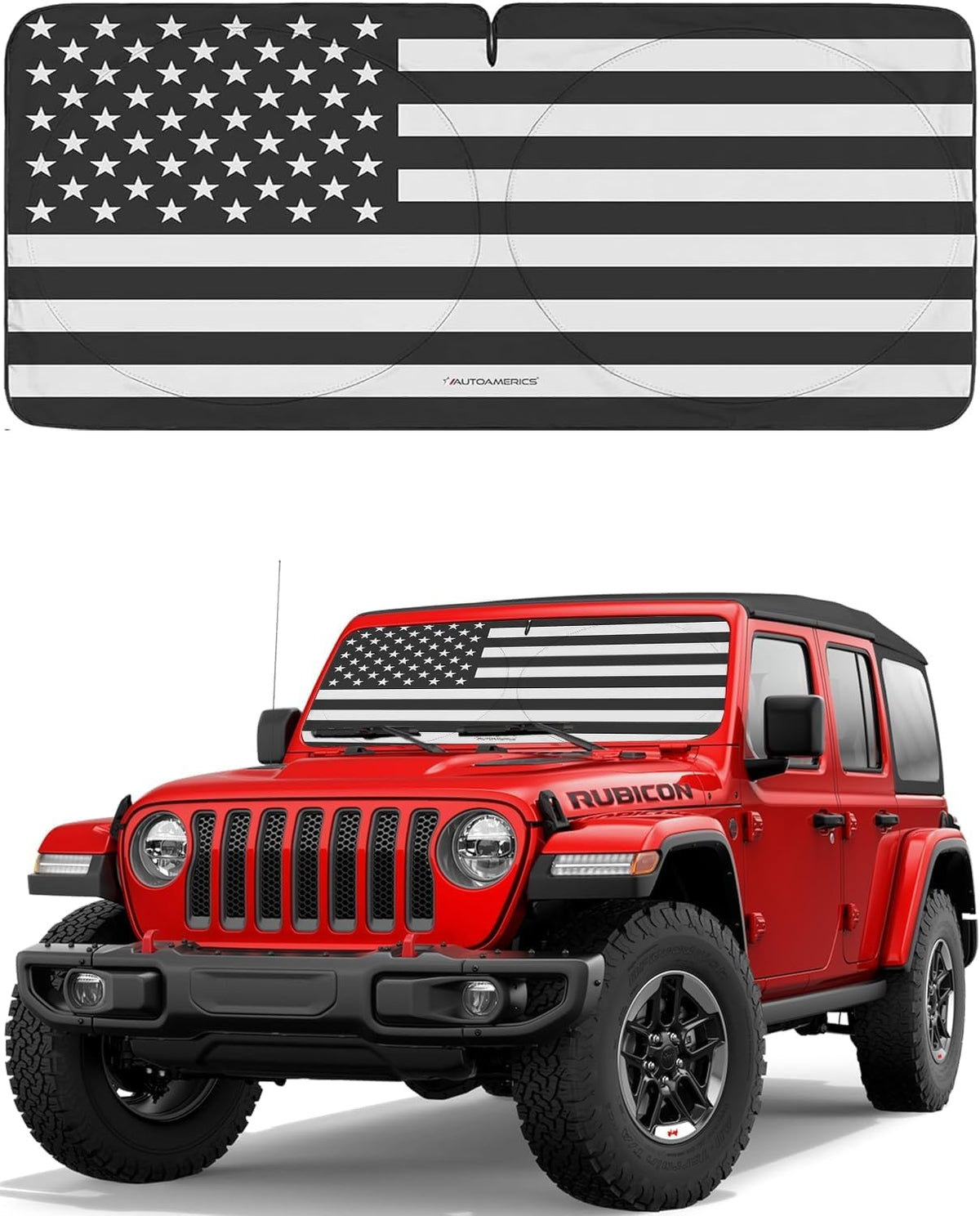 Autoamerics Jeep Wrangler B&W 1-Piece Windshield Sun Shade Foldable Car Front Window Sunshade - Best Heat Shield Reflector Cover - Blocks Max UV Rays & Keeps Your Vehicle Cool
