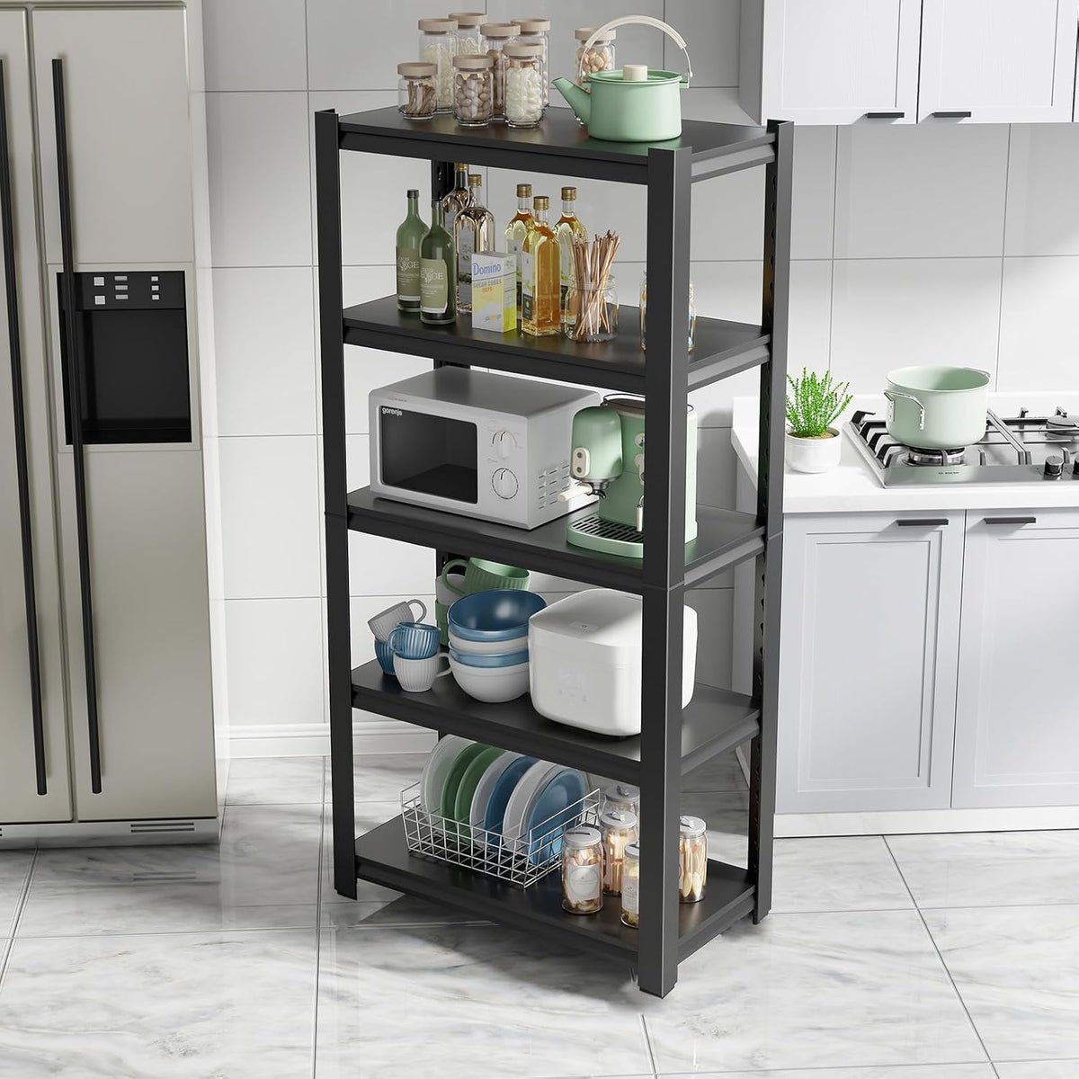 63H Metal Kitchen Storage Shelves, 1600 LBS Heavy Duty Garage Shelving Unit, 5-Tier Adjustable Pantry Shelves, Food and Beverage Storage Rack, Appliance Storage Utility Shelf for Balcony - Black