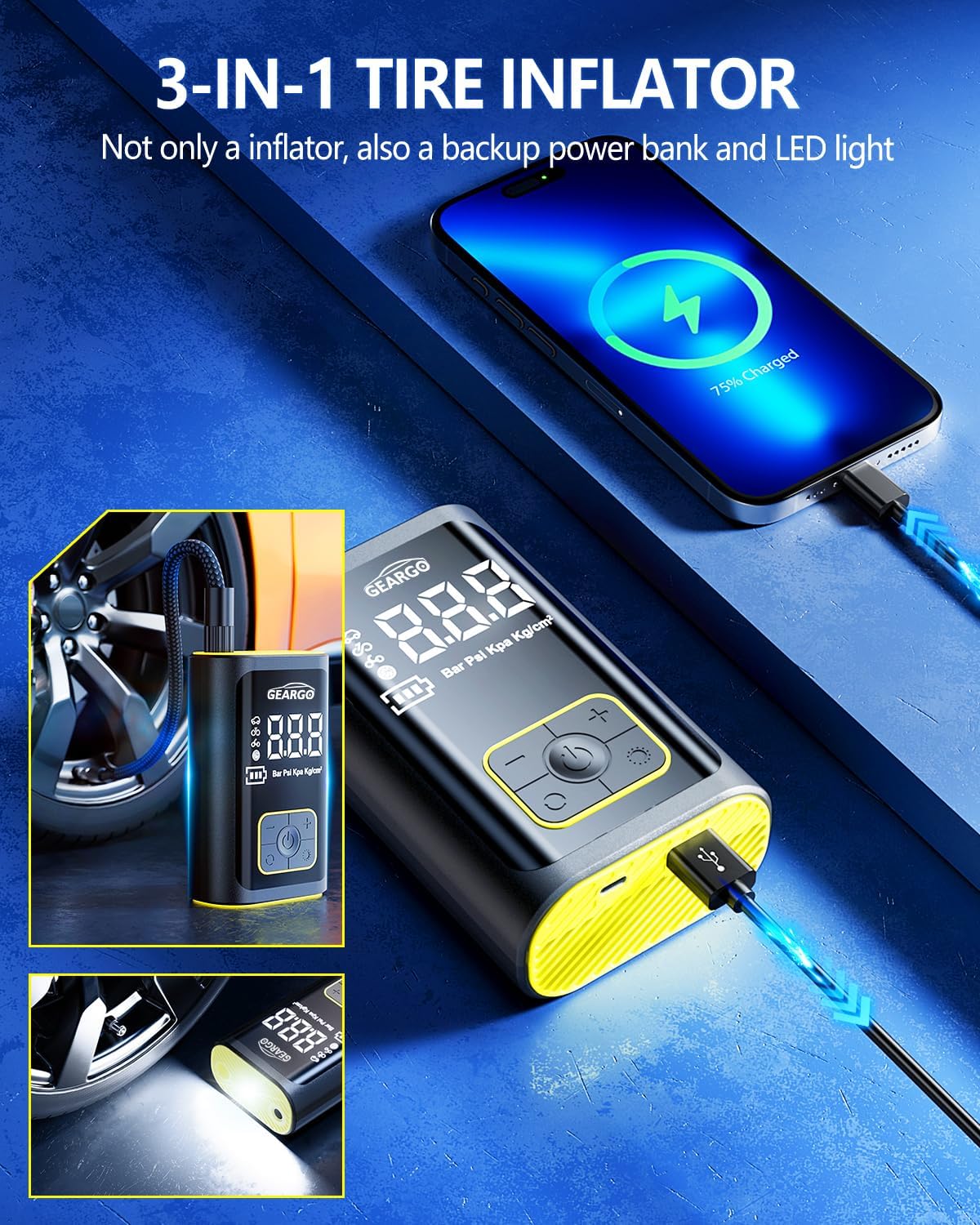 GEARGO Portable Tire Inflator Air Compressor 150PSI Cordless Air Pump for Car, Motorcycle, Bicycle Tires, Balls, 3X Faster Auto Smart Air Pump with Digital Pressure Gauge, LED Light, Black Yellow