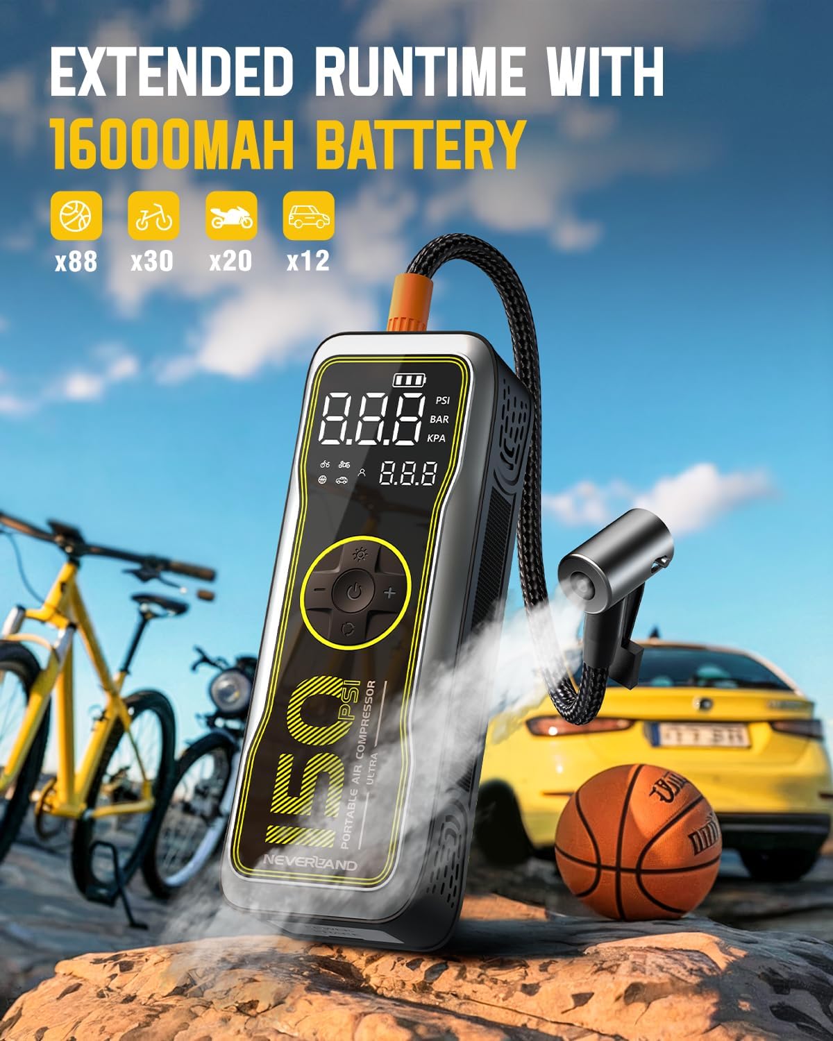 NEVERLAND Tire Inflator Portable Air Compressor - 16000mAh 150PSI Air Pump for Car Tires with Large LED Display,12V DC Tire Inflator with LED Light,Auto shut-off, for Car Motorcycle Bicycle Balls