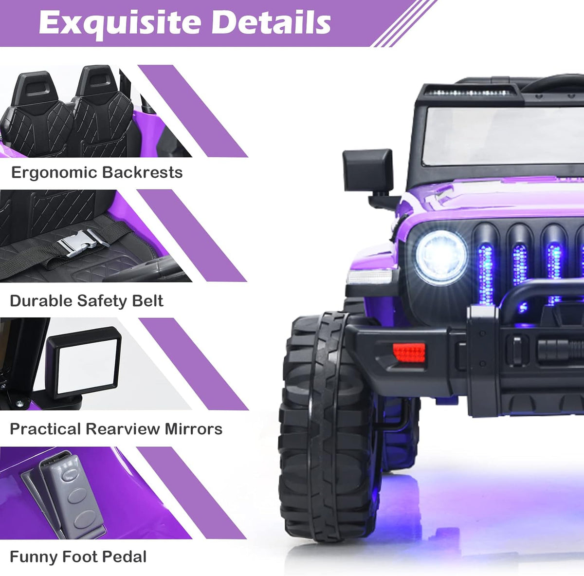 INFANS Kids Ride on Car Truck with 2.4G Remote Control, 12V Battery Powered Electric Cars for Kids w/3 Speeds, Battery Display, LED Lights, Safety Belt, Music & Horn, Bluetooth/FM/USB (Purple)