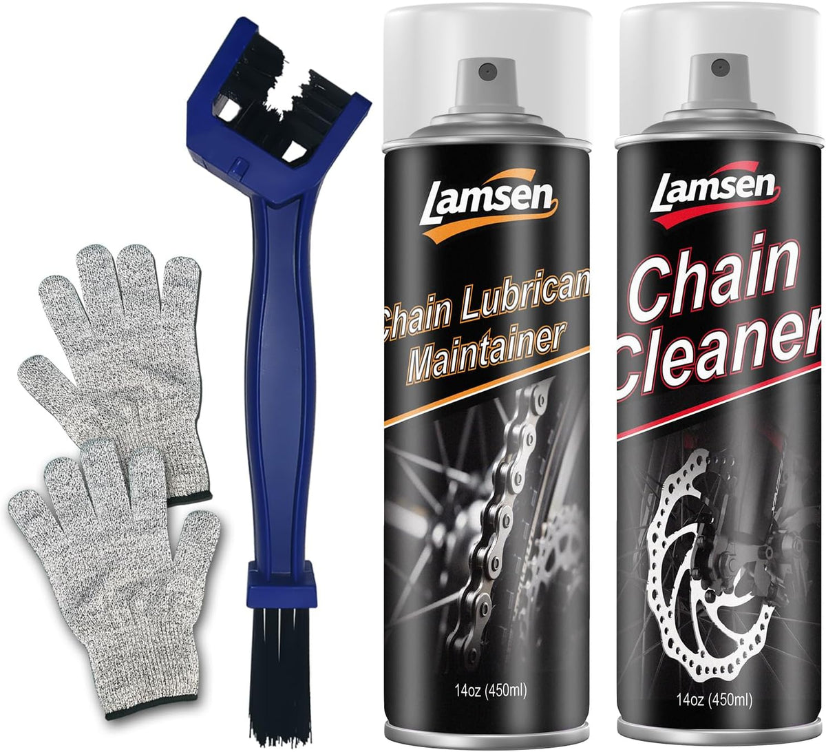 Chain Cleaner Kit, Professional Bike Chain Cleaner Set, Motorcycle Cleaning Kit with Chain Cleaner 17oz & Chain Lube 14oz Including Brushes and Gloves for Cleaning and Maintain All Bicycles （1 pack)