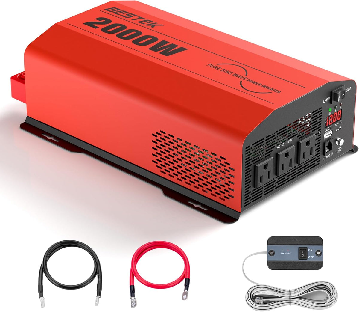 BESTEK 2000 Watt Pure Sine Wave Power Inverter 12V DC to 110V/120V AC Converter for Home, RV, Truck, Off-Grid Solar Power 3 AC Outlets Car Inverter with One 2 USB Port Type-C with Remote Control