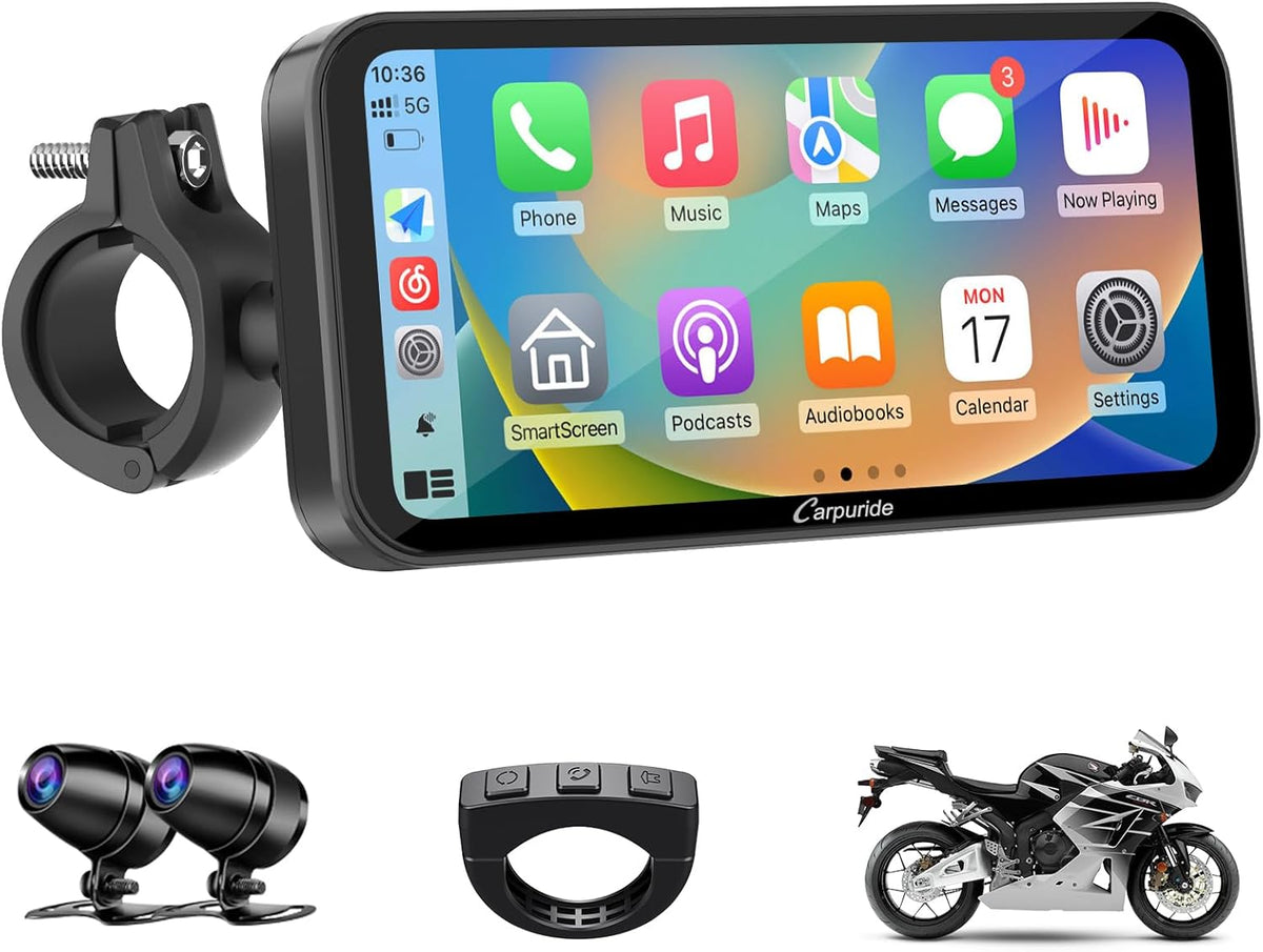 Carpuride W603D Motorcycle GPS Carplay Screen, Wireless CarPlay & Android Auto for Moto, with HD 1080P Dual Cameras, Remote Control，6.3" Waterproof Touchscreen, BT Aduio, Loop Recording, Navigation