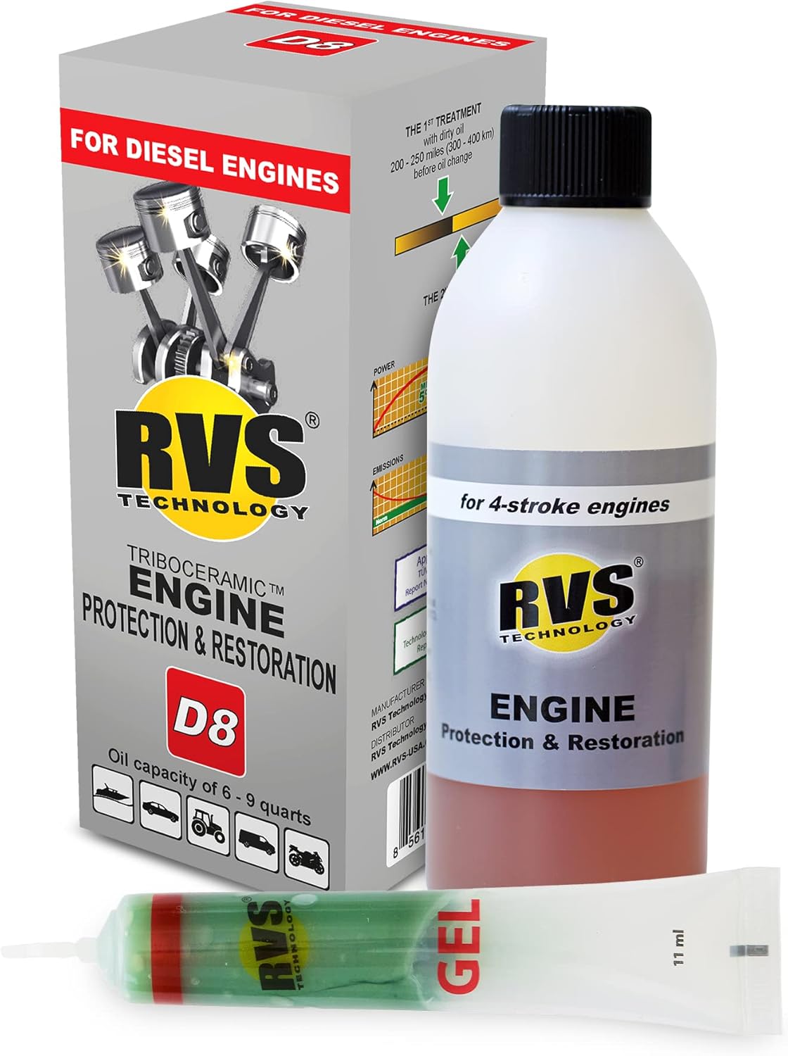 D8 engine oil treatment, For Diesel engines with a motor oil capacity up to 9 quarts; Safely Restore and protect your Car, Truck, Motorcycle and all other engines