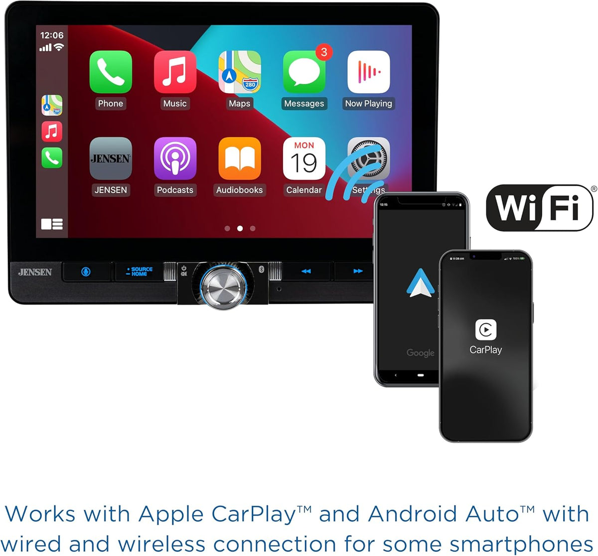 Jensen J1CA10FL-BUC 10.1-inch CarPlay Android Auto Car Stereo with Backup Camera and Additional Camera for Front of Car