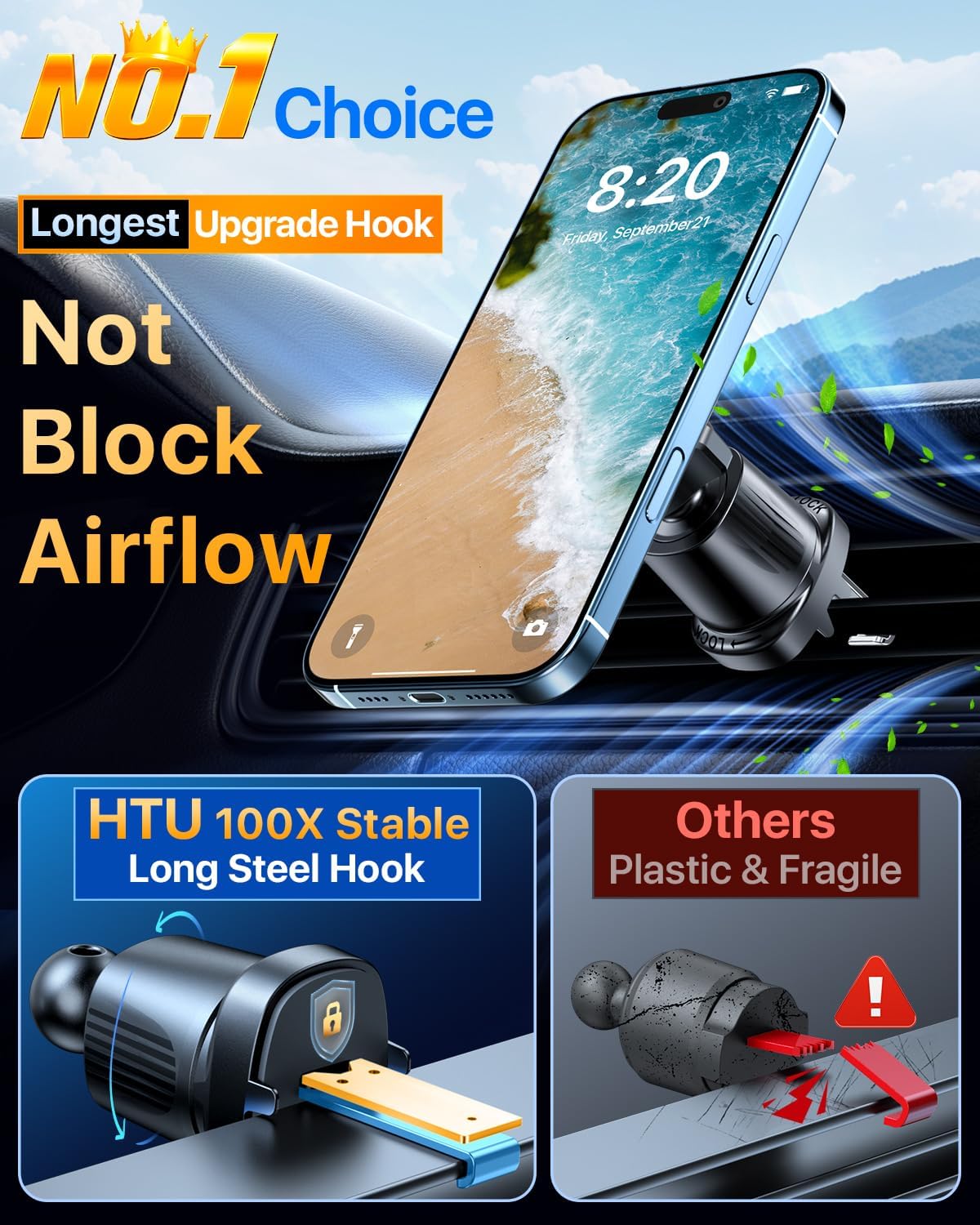 HTU for MagSafe Car Phone Mount Magnetic Phone Holder for Windshield Vent Dashboard Magnetic Suction Phone Mount for iPhone 16/15/14/13/12 & Android (Black)