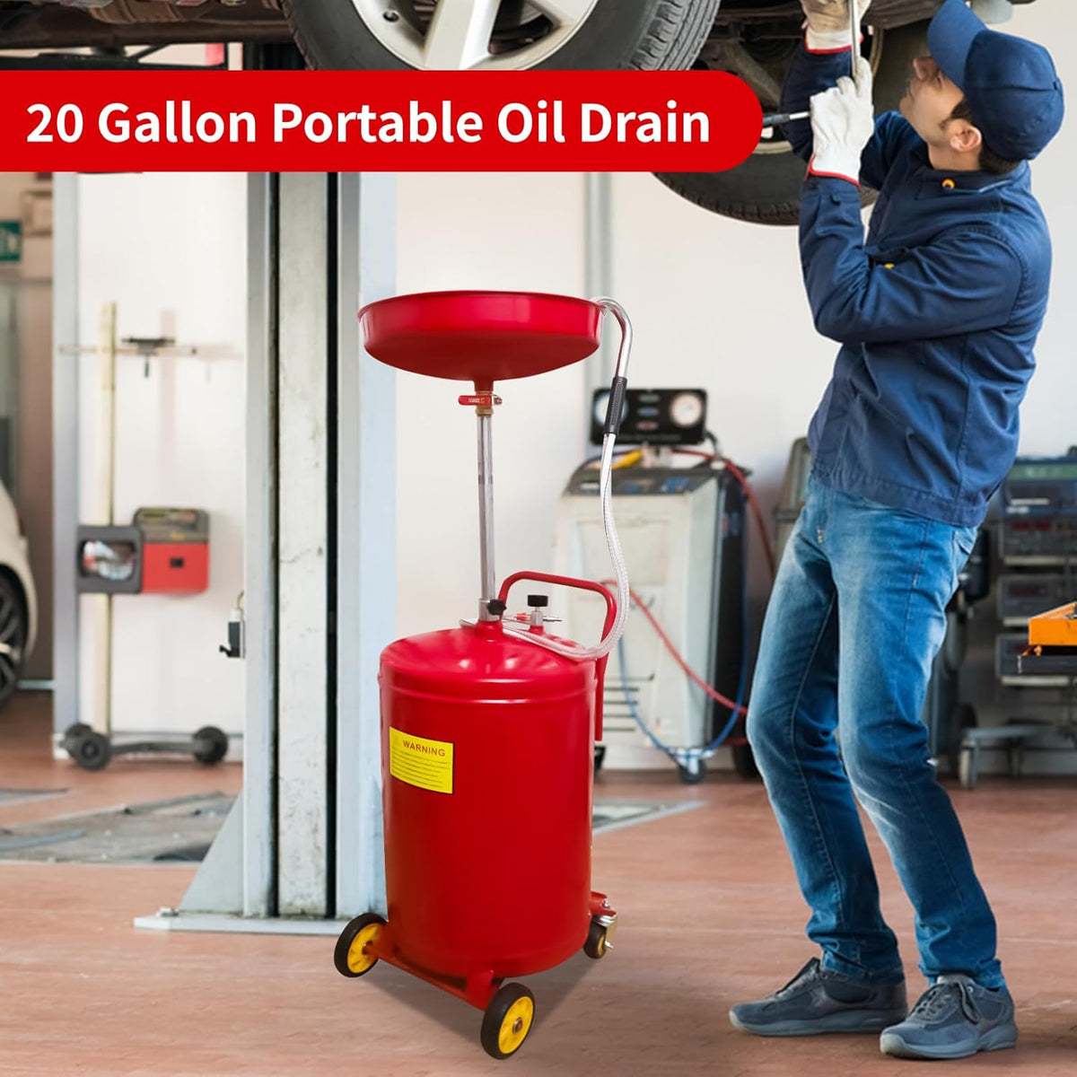 PONO 20-Gallon Air Operated Waste Oil Drain Tank with Wheels, Portable Industrial Fluid Drainage System - Adjustable Funnel Height for Auto Shops, Farm Equipment & Garage Use (Red)