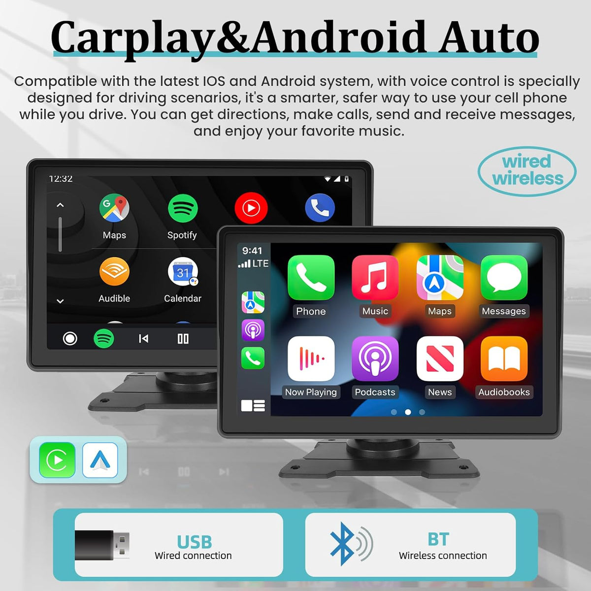 7 Inch Protable Apple Carplay Car Screen, Wireless Android Auto Dash Mount, Car GPS Navigation System with Mirror Link/Bluetooth/FM Transmitter/USB + 12LED Backup Camera