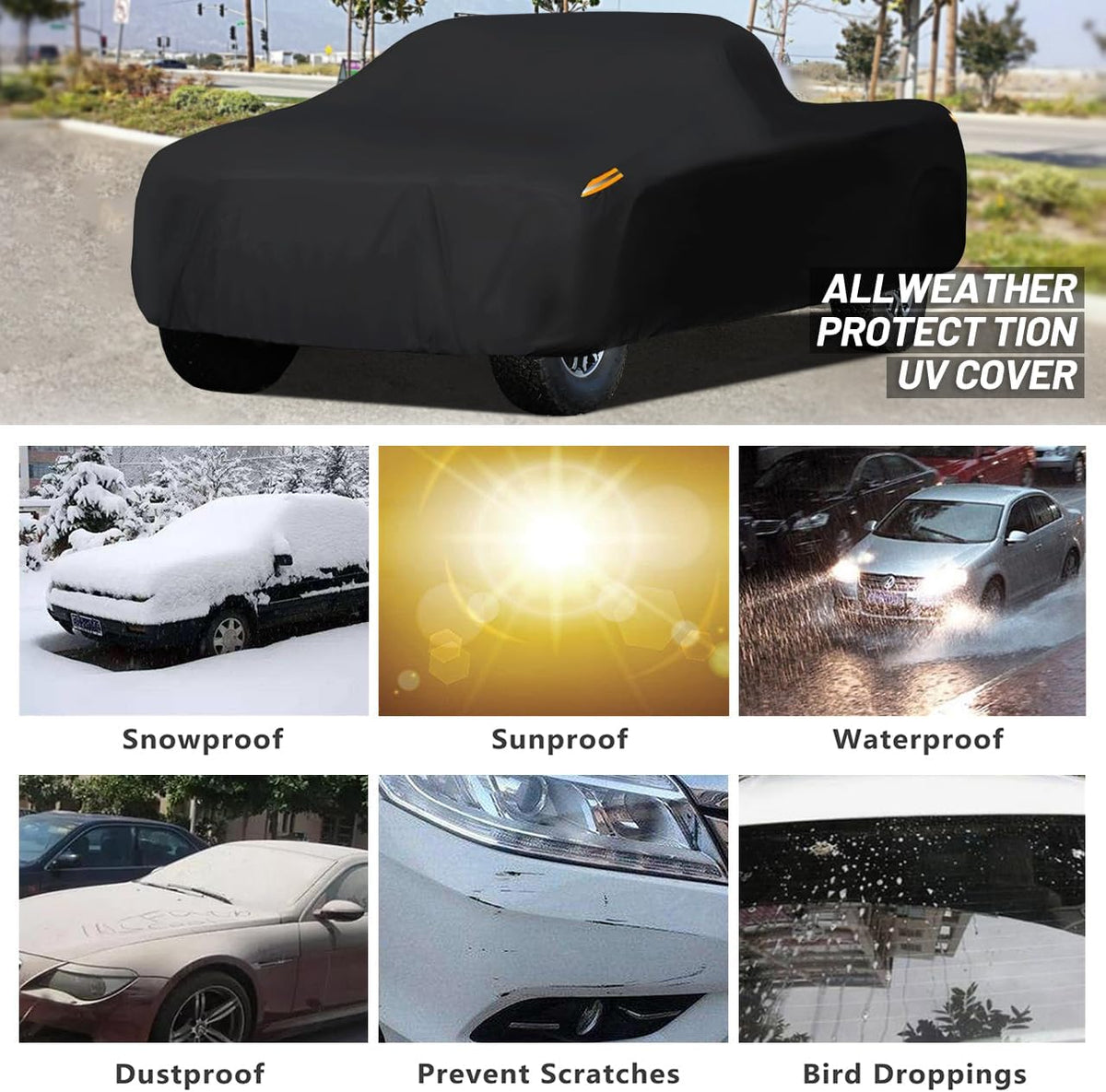 MORNYRAY Waterproof Car Cover All Weather Snowproof UV Protection Windproof Outdoor Full Truck Cover, Universal Fit for (All Black, Fit Truck Length 242-250 inch)
