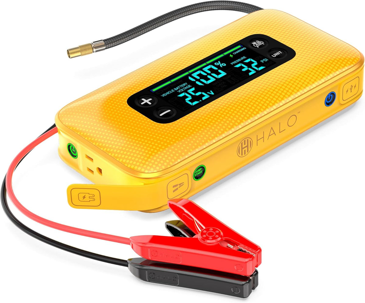 HALO Bolt Ultimate 3 Portable Car Battery Jump Starter | 130 PSI Air Compressor, 55.5Wh USB Power Bank, Large Display, Emergency Floodlight & Charger, Jumps Cars SUVs & Trucks, Inflates Tires — Yellow