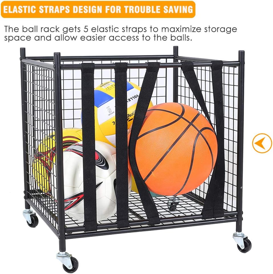 Snail Garage Sports Equipment Storage Organizer Sports Ball Storage Rolling Cart with Basket and Hooks Lockable Sports Ball Cage Storage Rack for Garages, Playgroup, Gym and Schools, Black