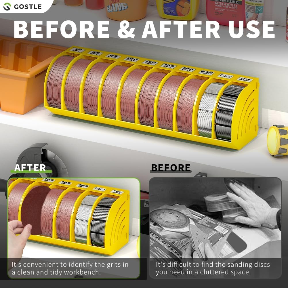 5 Inch Professional Sanding Discs Storage Bins - 10 Bins Set for Efficient Organization, Offset Snap-On Connection, Grit Classification, Space-Saving Design and Versatile Application, Yellow