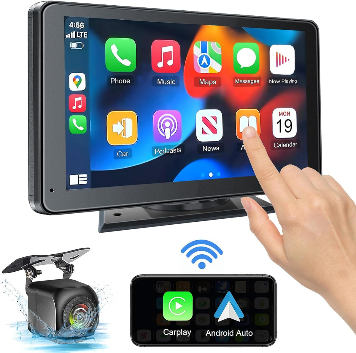 Portable Wireless with Apple CarPlay and Android Auto Screen for Car, 7" HD Touch Screen Car Stereo with Mirror Link, Bluetooth 5.2, Backup Camera, AUX,FM Transmitter for All Vehicle