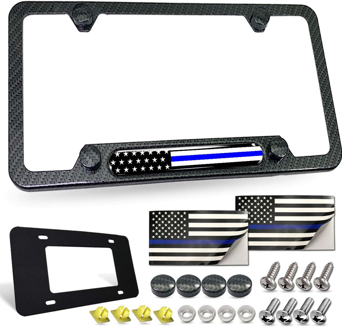 Police Thin Blue Line License Plate Frame- Patriotic Carbon Fiber Car Tag Holder, American Flag Black Aluminum Bracket with Screw, Cap Covers, Decal, Novelty Gift for Law Enforcement, 1 Pack