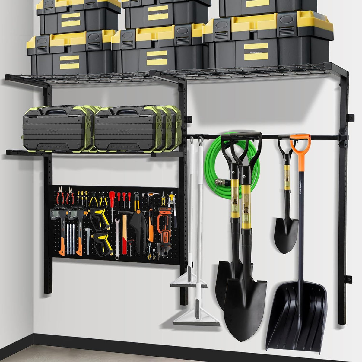Garage Shelf Wall Mounted with Pegboard Heavy Duty Garage Wall Shelving with Garden Tool Rack and Hooks Garage Tool Organizer for Home Garden Yard Organization and Storage Holds 500lbs