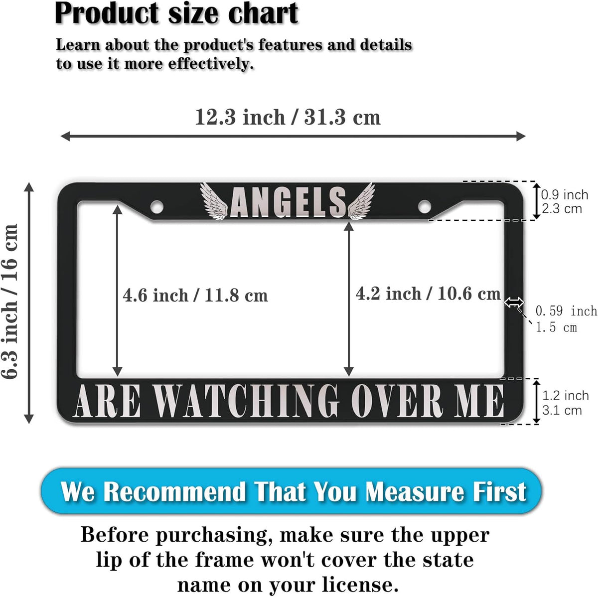 Car Plate Frames Black and White License Plate Protector Angels are Watching Over Me Universal Aluminum Car Accessory 2 Pack with Screw Covers Set