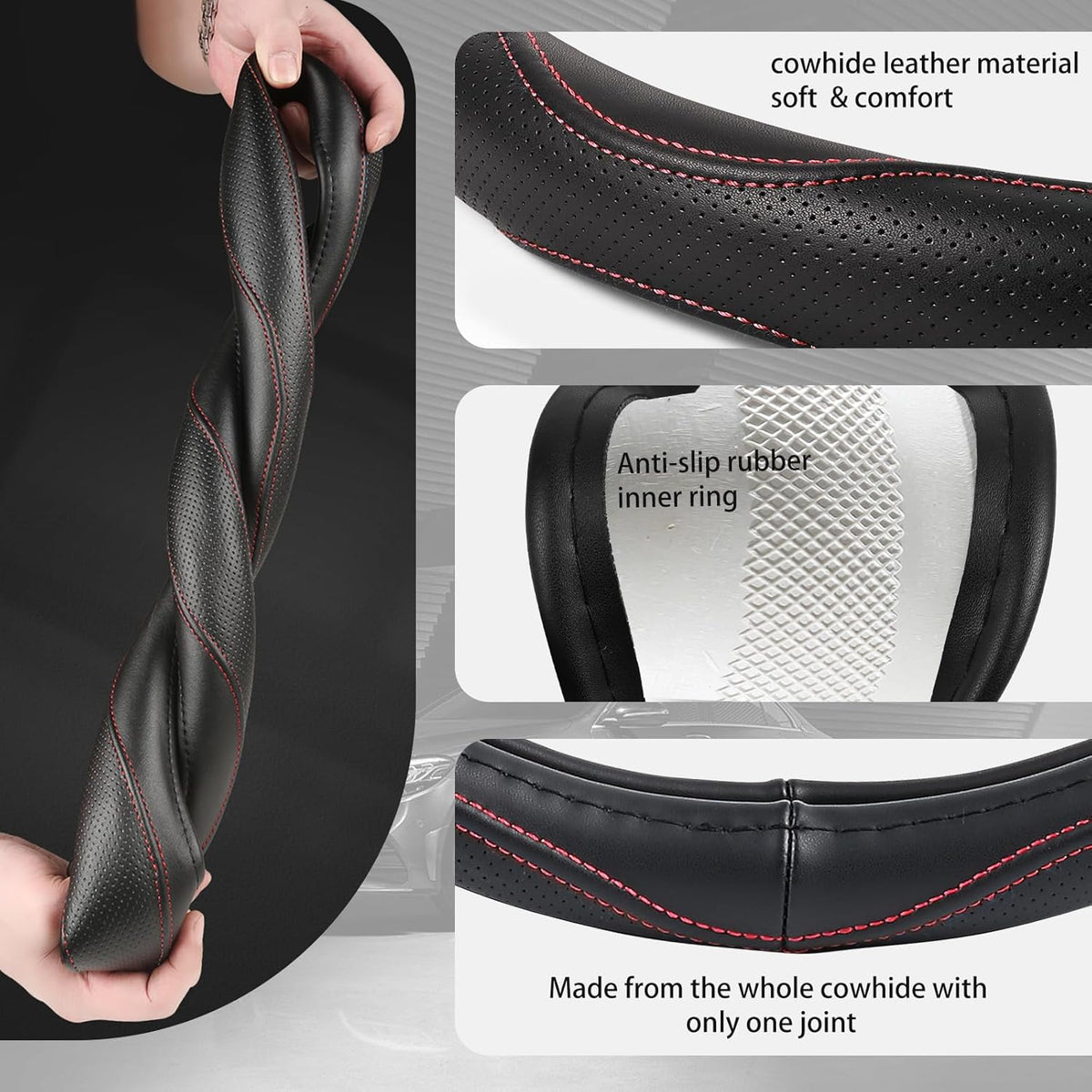 High-Grade Real Cowhide Steering Wheel Cover for Men Women，Black Genuine Leather Steering Wheel Cover for Cars,Universal 14.5-15 inch Steering Wheels