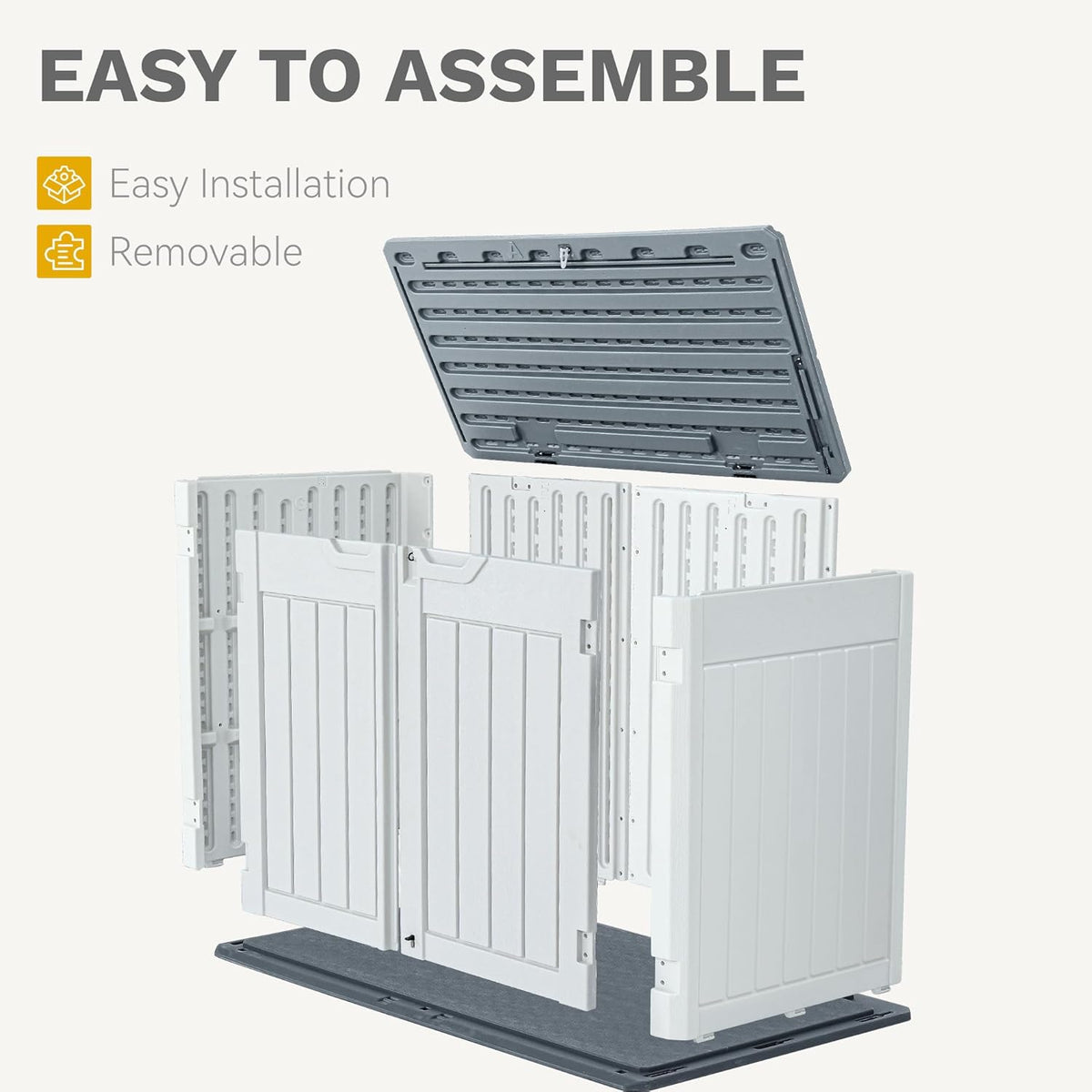 DWVO 47 cu ft Spacious Horizontal Storage Unit, Outdoor Resin Tool Locker Without Shelf, Waterproof Lockable Container with Base for Gardening, Waste Bins, Grass Cutter, 4.5x2.8x3.9 ft, Light Gray