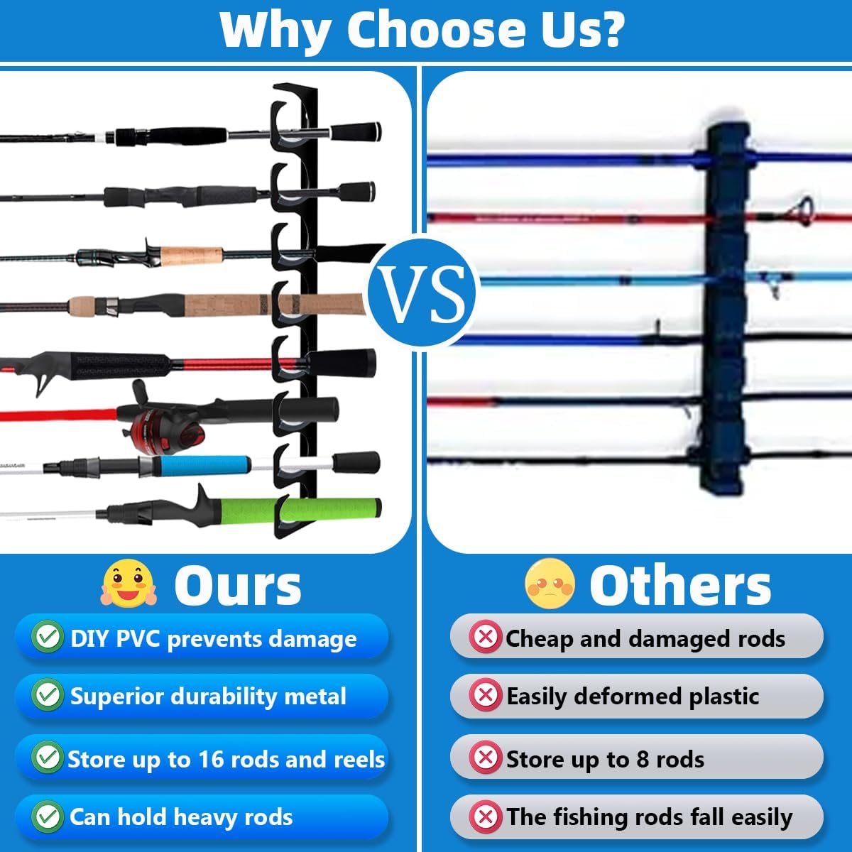 Wall Mounted Fishing Rod Rack Holder Ceiling Storage Hook Hanger Display Metal Horizontal Rack Oranizer Poles Steel Racks Holds up to 16 Rods with Soft Protective Pad for Garage Cabin and Basement