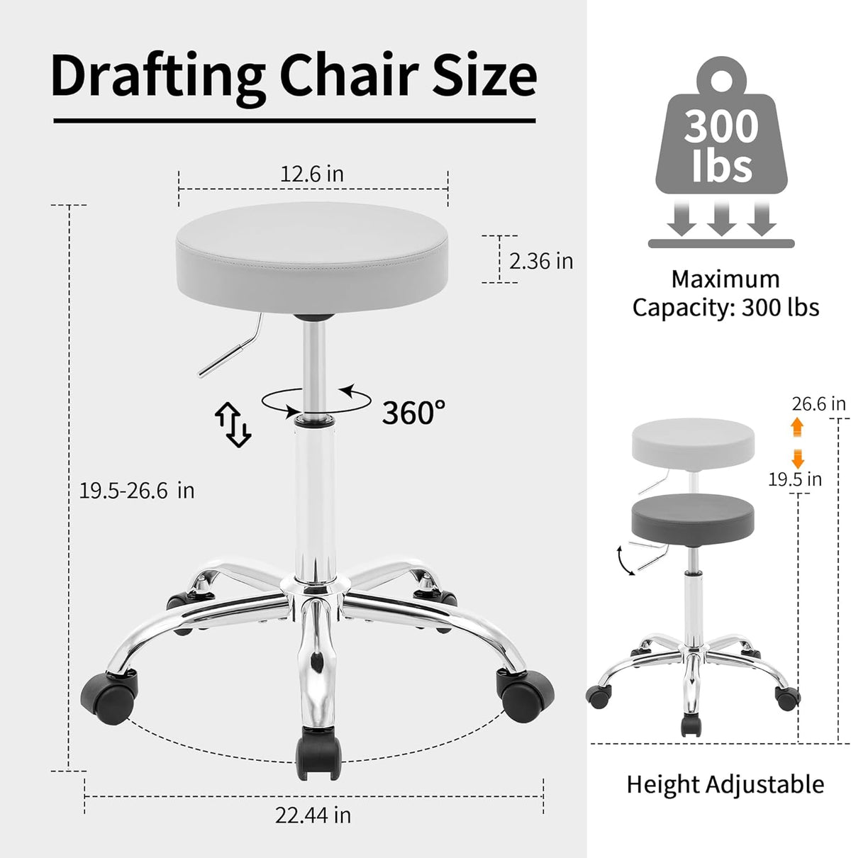 Drafting Stool, Adjustable Office Chair19.5’’-26.6’’, Gray Work Stools with Wheels (Gray)